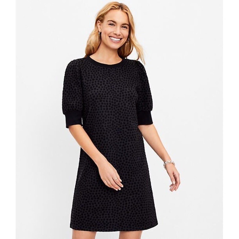 LOFT NWT Dotted Puff Sleeve Sweatshirt Dress Sz XS Gray Black Whimsygoth Casual